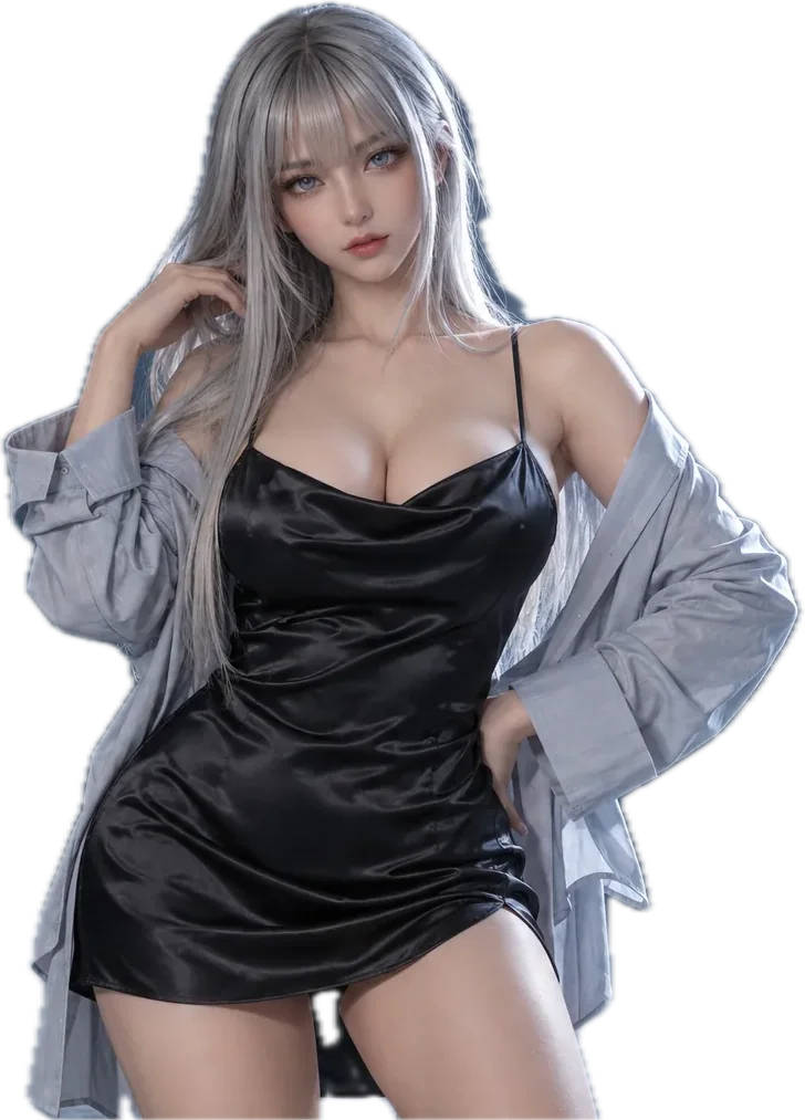 Anime sex doll with fair skin and a silver wig, studio photograph
