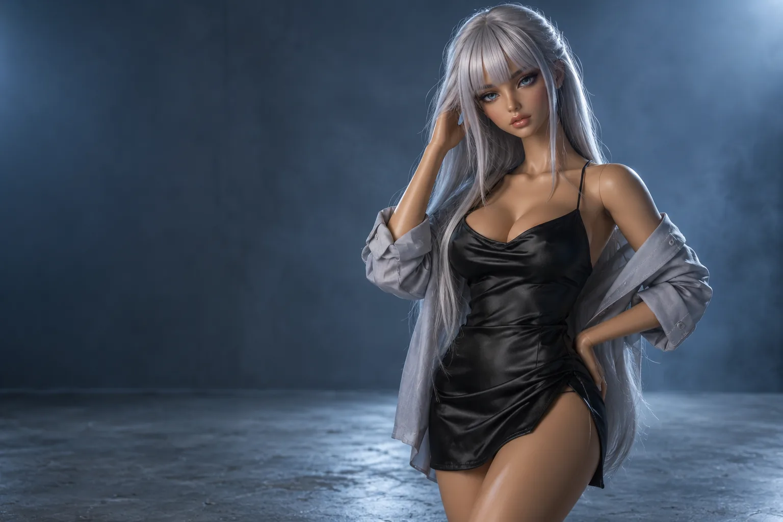 Adult anime-style TPE doll, 158 cm, long straight silver wig (illustrative photo)